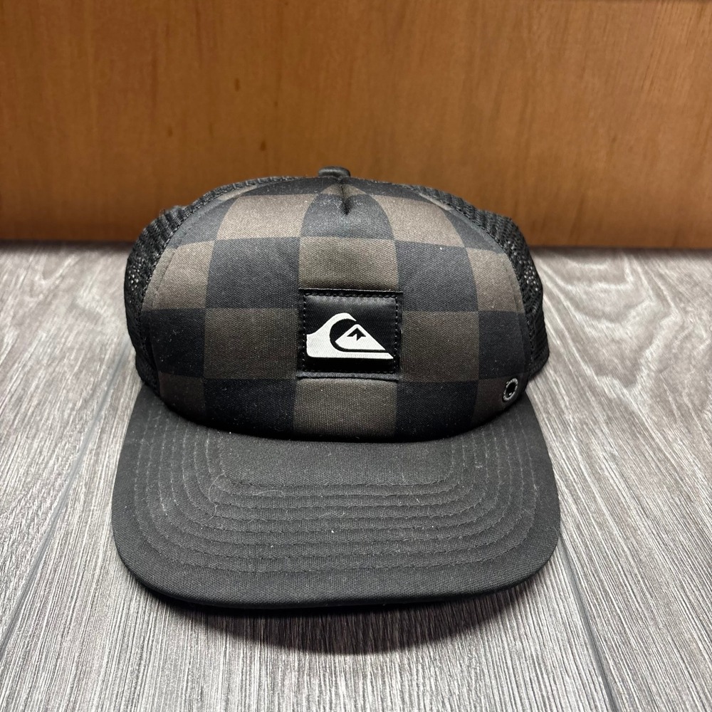 Quiksilver Mens Trucker Hat Checkered Snapback Mesh Cap Black Charcoal 55CM